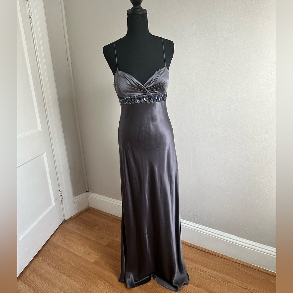 Niteline Silver Gray Spaghetti Strap Beaded Embroidered Silk Cocktail Gown Dress